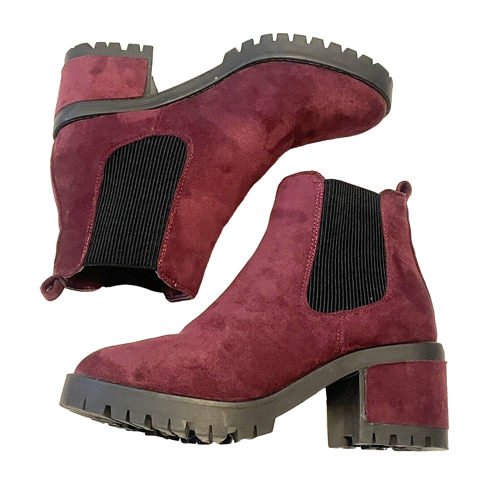 Seven7 Boots Womens Sz 8 Burgundy Red Wine Berlin Double Gore Chunky Heel Ankle